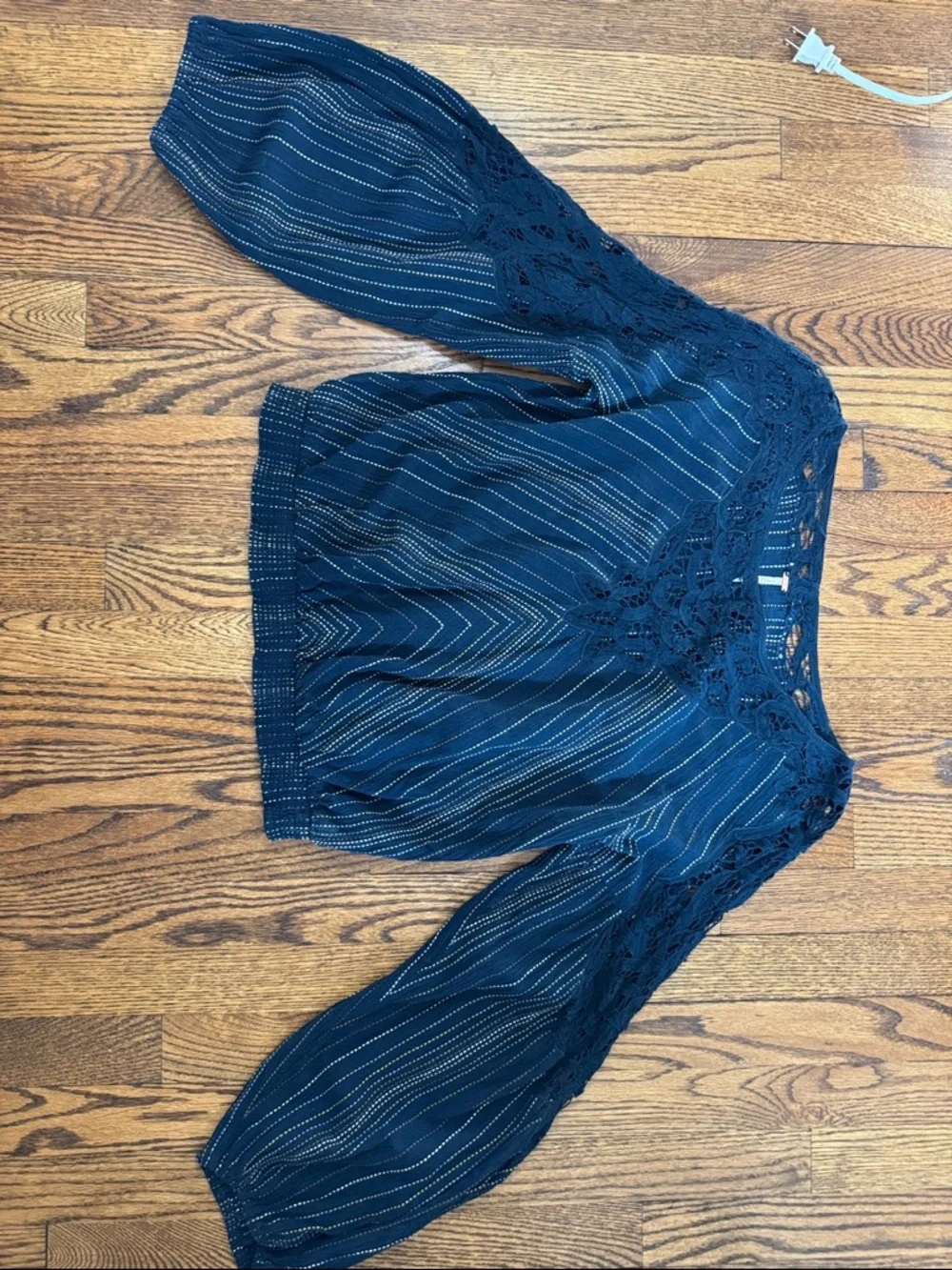 #557 FREE PEOPLE Floating Memories Navy Striped Lace Balloon Sleeve Peasant Top